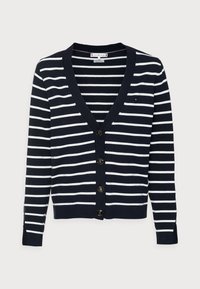 Marinblå och vitrandig stickad kofta med V-ringning, sju guldfärgade knappar och ribbade muddar. Mjuk textur med långa ärmar.