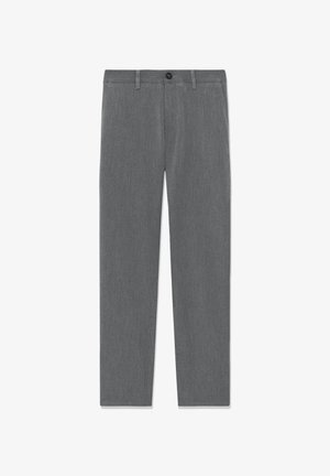 Grijze broeken gemaakt van een textuurstof. Voorzien van een knoopsluiting, riemlussen en een rechte pasvorm. Geen zichtbare zakken.