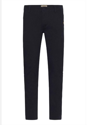 Mustad must-fit püksid, mis on valmistatud venivast puuvillast, esipocketid, nupukinnitus ja väike bränditud aksessuaar vöökoht.