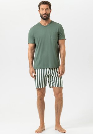 Baardige man staande op blote voeten, gekleed in een groene korte mouw V-hals shirt en witte korte broek met verticale zwarte en groene strepen.