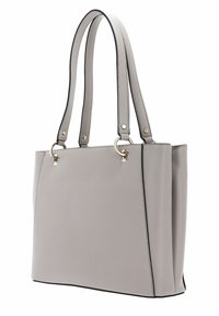 Sac fourre-tout synthétique gris avec double anses, quincaillerie dorée et bordures noires. Présente une forme rectangulaire structurée et une texture lisse.