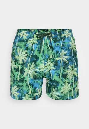 Męskie szorty kąpielowe z wyrazistym nadrukiem palm w kolorze zielonym i niebieskim, z elastycznym paskiem w talii i lekkiego materiału.
