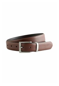 Brown textured leather belt featuring a silver rectangular buckle and multiple adjustment holes. The interior is smooth and black.