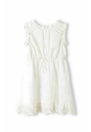 Witte geborduurde jurk met korte ruches aan de mouwen, een elastische taille en een geschulpte zoom met uitsnijdingen.