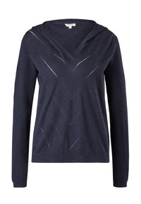 Mörkblå tröja med huva, med V-ringning och ett chevronmönster skapat av ljusare trådar. Tillverkad av ett mjukt, strukturerat tyg.