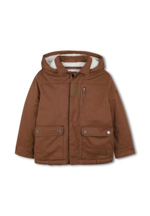 Bruine winterjas met capuchon, gevoerd met wit fleece, met ritssluiting aan de voorkant, ritszak op de borst en twee met knopen afsluitbare klepzakken ter hoogte van de taille.