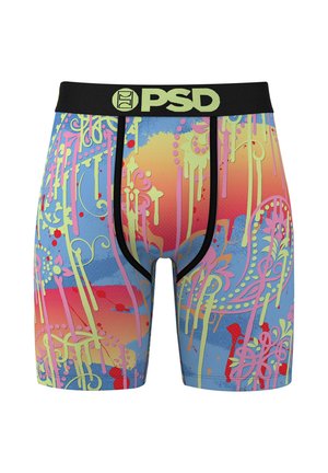 Herre boxer briefs med en blå bund, med et livligt abstrakt mønster i pink, gul og grøn. Sorte elastik med logo.