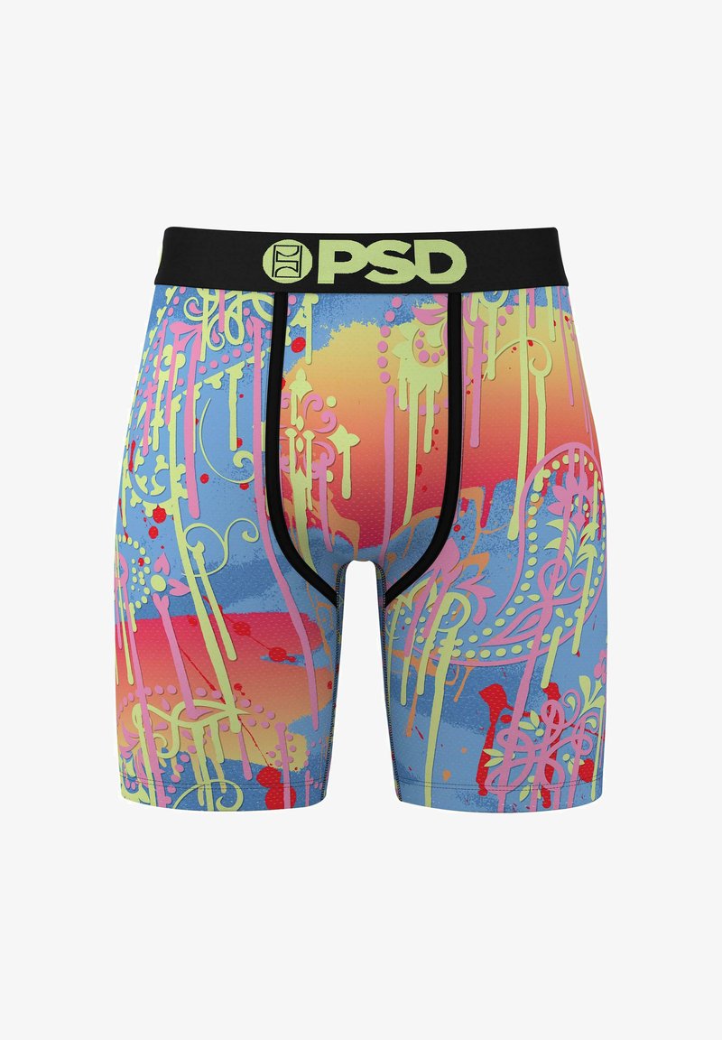 Boxeri pentru bărbați cu o bază albastră, prezentând un model abstract vibrant în nuanțe de roz, galben și verde. Talie neagră cu logo.