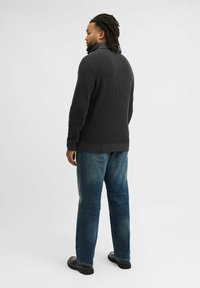 Dark gray knit sweater with a high collar, paired with light blue jeans and black shoes, viewed from the back against a white background.