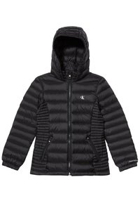 Black puffer jacket with a hood, featuring quilted design, zippered pockets, and elastic cuffs. Logo displayed on the front.