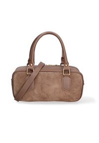 Borsa marrone con texture scamosciata e accenti in pelle. Caratterizzata da manici corti, una tracolla rimovibile e finiture in oro. Forma rettangolare.