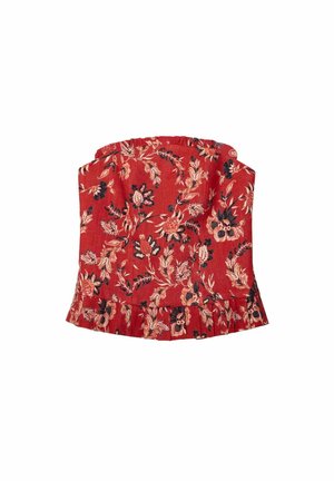 Rode bloemetjes cropped top met ruches aan de onderkant, gemaakt van een textuurstof en kleurrijke bloemenpatronen in zwart en beige.