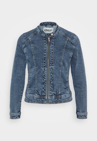 Blå denimjacka med rund krage, dragkedja fram och en skräddarsydd passform. Har distinkt sömnad och en något sliten yta.