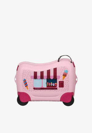 Rosa Hartschalenkoffer mit Eiswagen-Design, Rädern am Boden und Tragegriff oben.