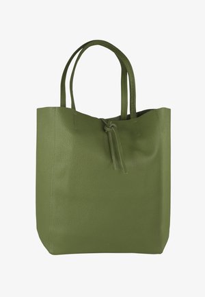 Olijfgroene leren shopper met een gestructureerde afwerking, twee hengsels en een trekkoordsluiting aan de bovenkant, met een eenvoudig rechthoekig ontwerp.