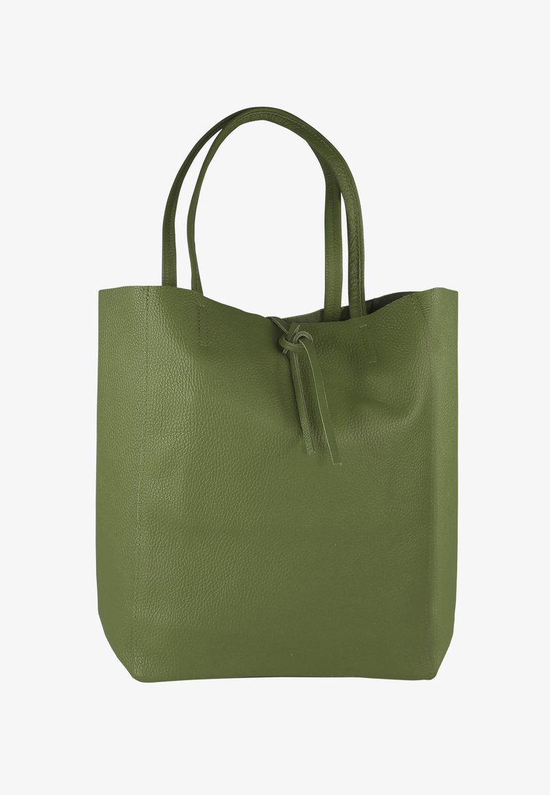 Olijfgroene leren shopper met een gestructureerde afwerking, twee hengsels en een trekkoordsluiting aan de bovenkant, met een eenvoudig rechthoekig ontwerp.