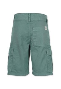 Grønne cargo shorts med afslappet pasform, der har side- og baglommer, et labelpatch og en glat bomuldsstruktur.