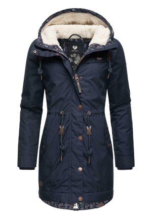 Navy blue parka jacket with a faux fur-lined hood, drawstrings at the waist, and floral-patterned lining. Features bronze hardware and pockets.