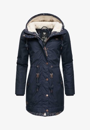 Marineblaues Parkajackett mit einer Kapuze aus Kunstfell, Kordelzügen an der Taille und einem Blümchenmuster im Futter. Mit bronzefarbenem Hardware und Taschen.