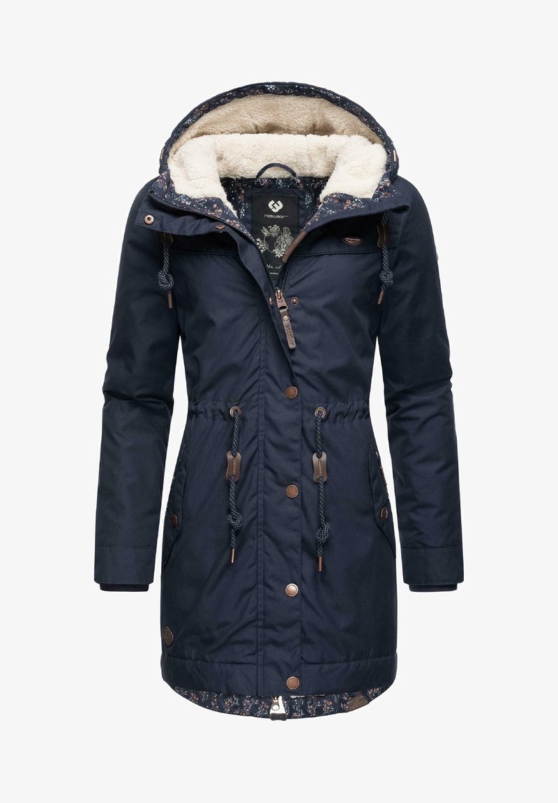 Navy blue parka jacket with a faux fur-lined hood, drawstrings at the waist, and floral-patterned lining. Features bronze hardware and pockets.