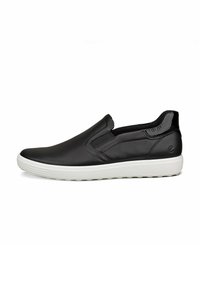 Scarpe slip-on nere in pelle liscia con pannelli elastici laterali, suola in gomma bianca e design minimalista.