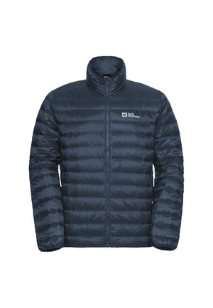 Giacca puffer blu navy con trapuntatura orizzontale, colletto alto, chiusura con zip completa e logo sul lato sinistro del petto. Tessuto in nylon leggero e liscio.
