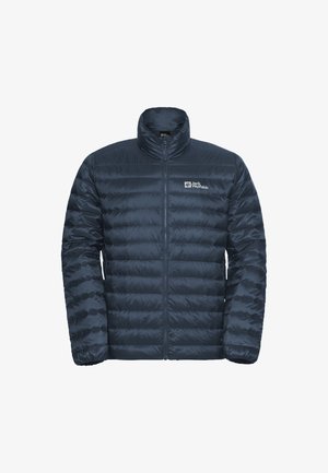 Giacca puffer blu navy con trapuntatura orizzontale, colletto alto, chiusura con zip completa e logo sul lato sinistro del petto. Tessuto in nylon leggero e liscio.