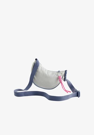 Light gray fabric shoulder bag with a curved shape, navy strap, and a pink decorative cord. Features a silver keychain loop.