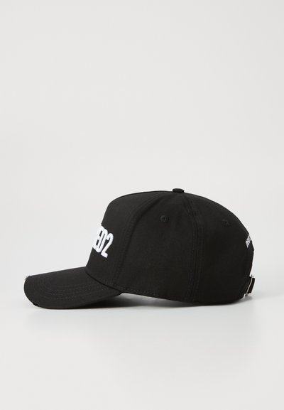 Black baseball cap with white embroidered text, featuring a curved brim and eyelet details. Made of soft fabric, it has an adjustable strap.