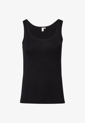 Zwarte mouwloze tanktop met ronde halslijn, gladde stof en maat 44 label bij de kraag.