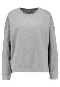 Grå sweatshirt gjord av en bomullsblandning; har rund hals, sänkta axlar och ribbade muddar och fåll för en avslappnad passform.