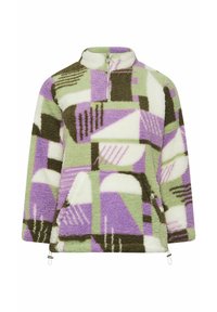 Fleece pullover met hoge kraag, voorzien van een geometrisch patroon in paars, groen en bruin. Inclusief een ritssluiting en elastische accenten.