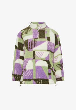 Fleece-Pullover mit hohem Kragen, der ein geometrisches Muster in Purpur, Grün und Braun aufweist. Enthält einen Reißverschluss und elastische Akzente.
