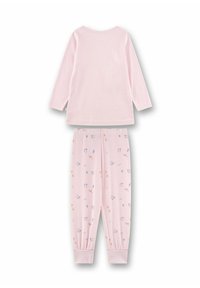 Pink long-sleeve top with a round neckline paired with elastic waist pajama pants featuring a floral pattern in pastel colors.
