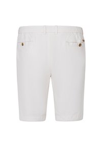 White cotton shorts with a smooth texture, featuring an elastic waistband, two back pockets with button closures, and a clean hemline.