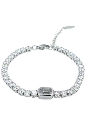 Bracciale in argento con una serie di cristalli trasparenti rotondi e una pietra centrale rettangolare. Chiusura regolabile con estensione a catena.