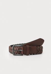 Braided brown leather belt with a dark metal buckle and strap. Features a textured pattern and smooth edges, showing flexibility and durability.