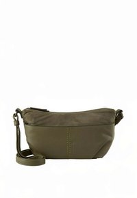 Olijfgroene crossbodytas met een getextureerd onderste gedeelte en een glad bovenste gedeelte. Heeft een verstelbare band en een ritssluiting.