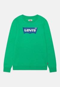 Felpa verde in cotone, con un grande logo Levi's blu sul davanti. Polsini e orlo a costine con una piccola etichetta rossa sul lato.