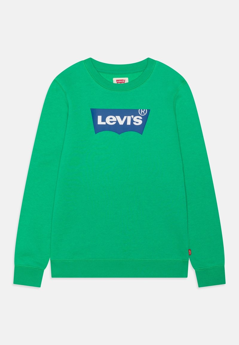 Felpa verde in cotone, con un grande logo Levi's blu sul davanti. Polsini e orlo a costine con una piccola etichetta rossa sul lato.
