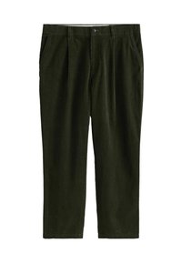Donkergroene corduroy broek met plooien, zijzakken en een rechte pijpdesign. Soepele textuur met subtiele ribbels.