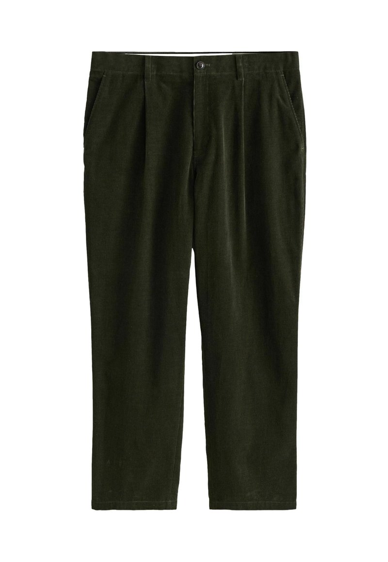 Donkergroene corduroy broek met plooien, zijzakken en een rechte pijpdesign. Soepele textuur met subtiele ribbels.