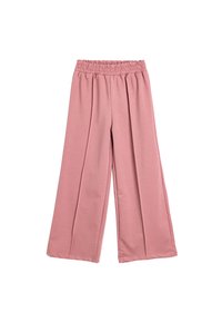 Helle rosa weit geschnittene Hose mit einem gerafften Gummibund, weichem Stoff und glatter Textur. Sie hat ein fließendes Design und keine sichtbaren Verschlüsse.