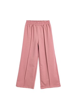 Helle rosa weit geschnittene Hose mit einem gerafften Gummibund, weichem Stoff und glatter Textur. Sie hat ein fließendes Design und keine sichtbaren Verschlüsse.