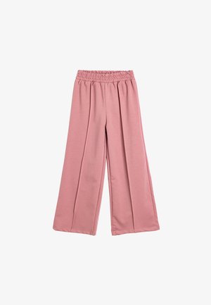 Helle rosa weit geschnittene Hose mit einem gerafften Gummibund, weichem Stoff und glatter Textur. Sie hat ein fließendes Design und keine sichtbaren Verschlüsse.