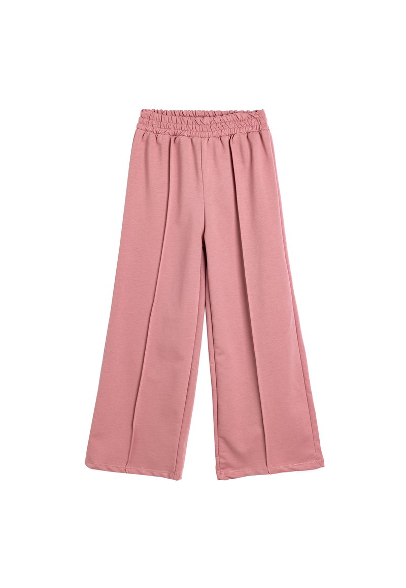 Helle rosa weit geschnittene Hose mit einem gerafften Gummibund, weichem Stoff und glatter Textur. Sie hat ein fließendes Design und keine sichtbaren Verschlüsse.
