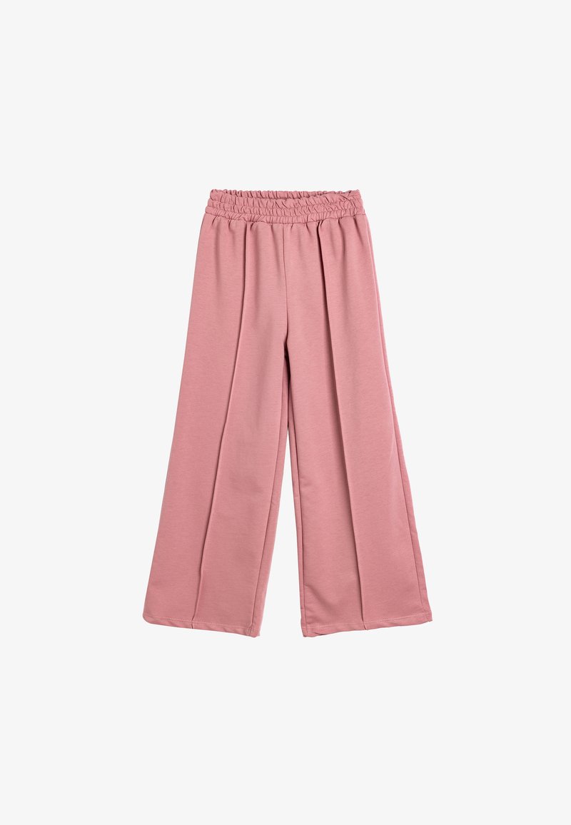 Lichtroze wijde broek met een geplooide elastische tailleband, zachte stof en een gladde textuur. Heeft een vloeiend ontwerp en geen zichtbare sluitingen.