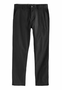Pantaloni negri dintr-o țesătură netedă, cu închidere cu buton, buzunare laterale și un design cu picioare drepte. Fără modele sau textură vizibile.
