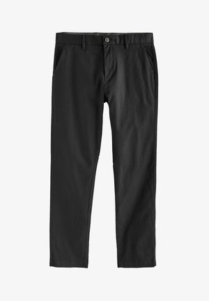 Czarne spodnie z gładkiego materiału, z zapięciem na guzik, kieszeniami bocznymi i prostym krojem nogawek. Bez widocznych wzorów ani faktury.