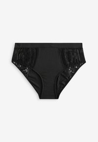 Mutande nere a vita alta con un corpo in tessuto liscio. Presentano pannelli in pizzo ai lati con motivi floreali. Girovita elasticizzato per il comfort.